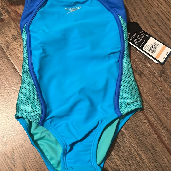 NEW Speedo Girl's Swimsuit One-Piece Mesh Splice Thick Strap, Darling Ditsy Cyan - Picture 4 of 13